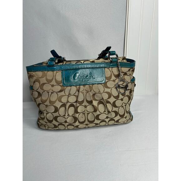 Coach Signature Pleated East West Gallery Shoulder Bag, Green and Tan - Picture 2 of 16